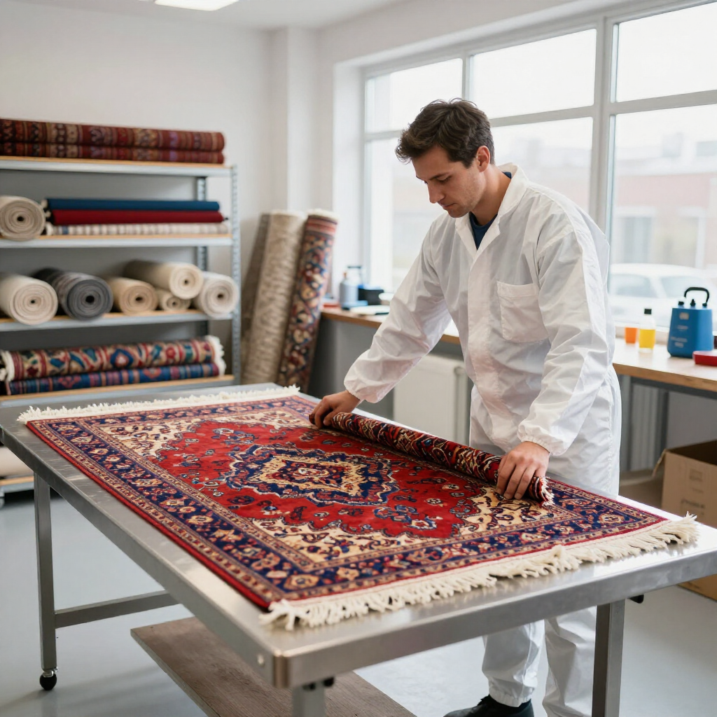 A person in a white protective suit carefully rolls up an ornate, red and blue patterned rug on a metal workshop table.