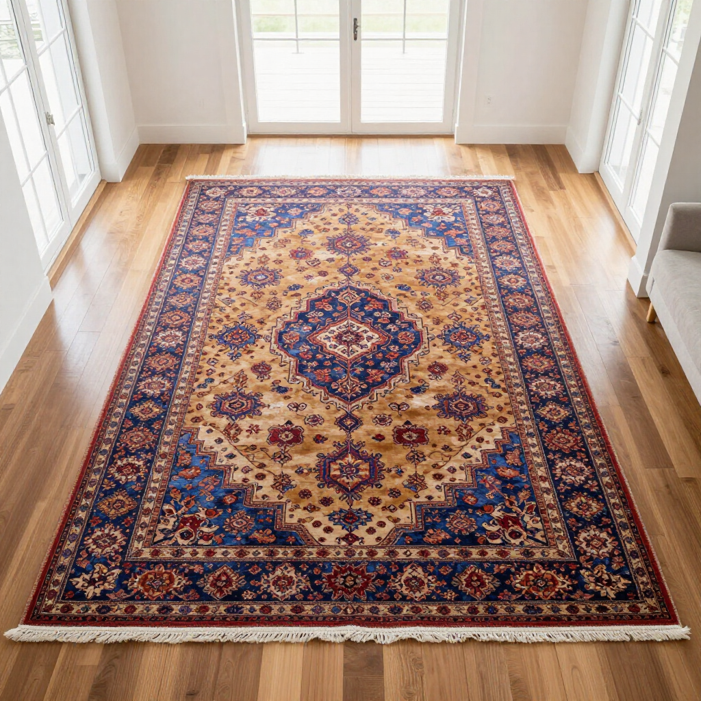 A traditional, rectangular rug with intricate blue, gold, and red floral patterns centered on a light wooden floor.