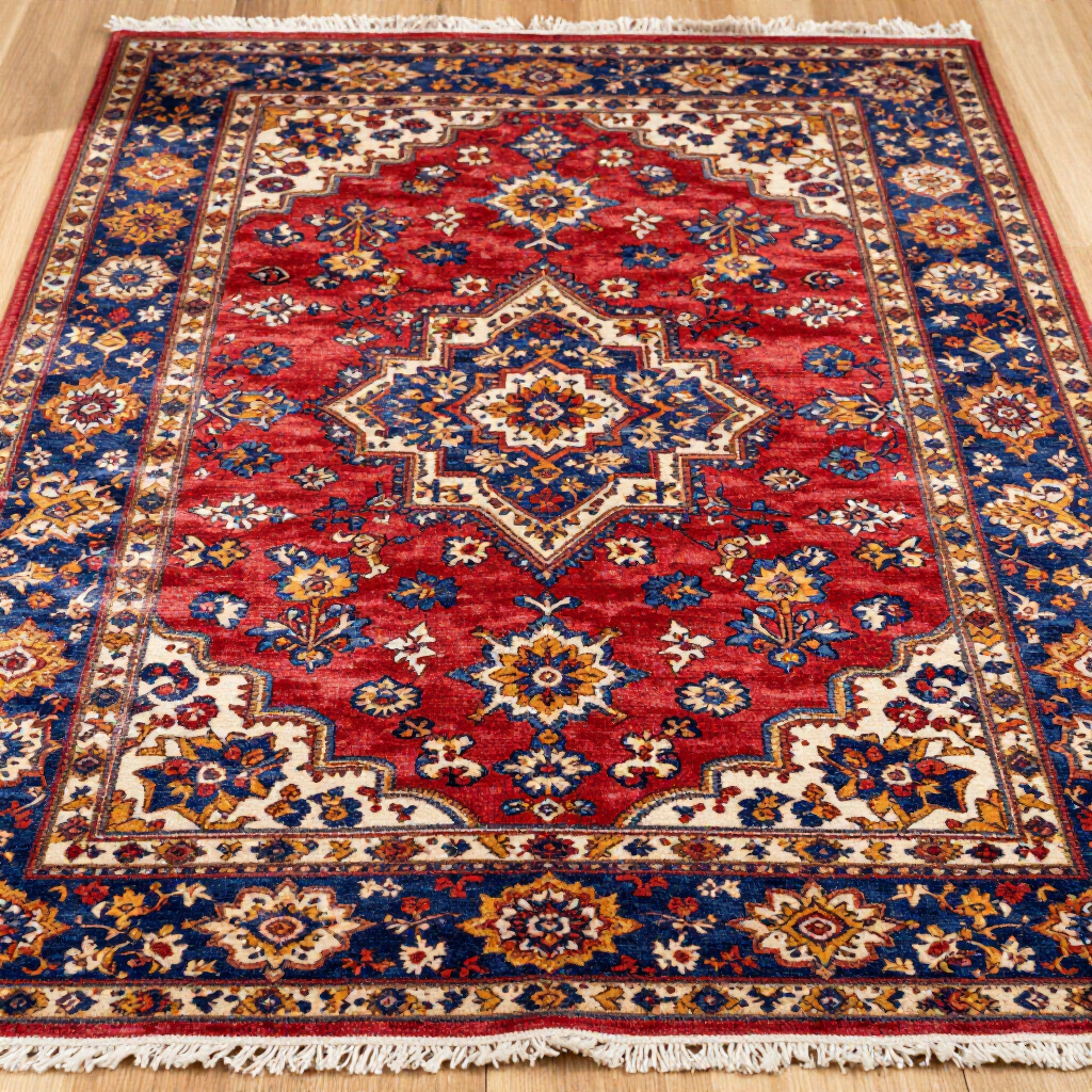 A rectangular area rug with an intricate floral and geometric pattern in red, navy blue, white, and gold, with fringe.