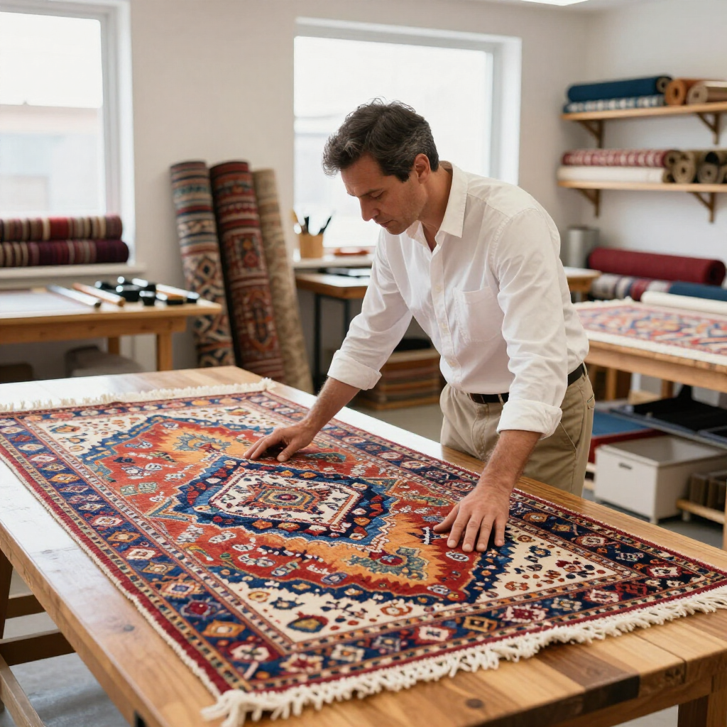 A person in a white shirt inspects a patterned rug with red, blue, and cream details on a workshop table.