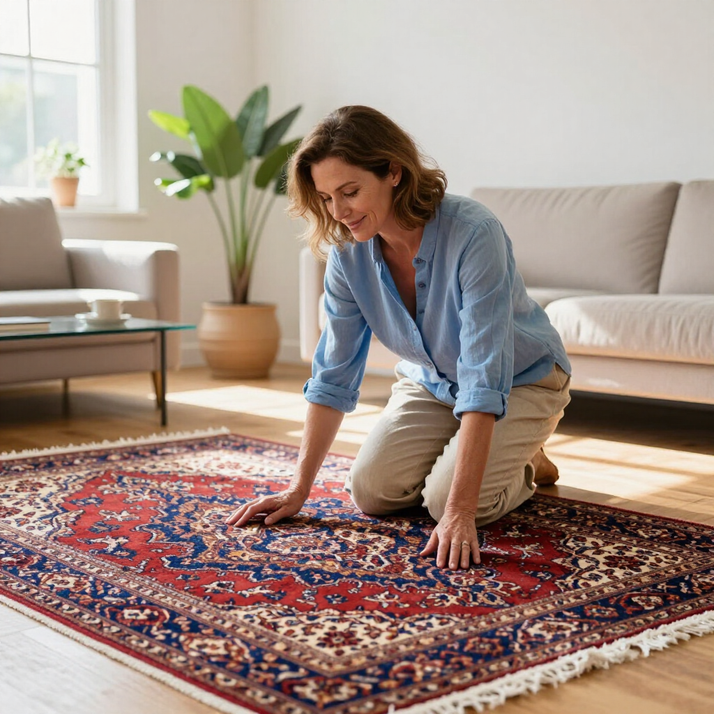 A person kneels on a light wood floor, smoothing out a large, intricate red and navy blue rug in a sunlit living room.