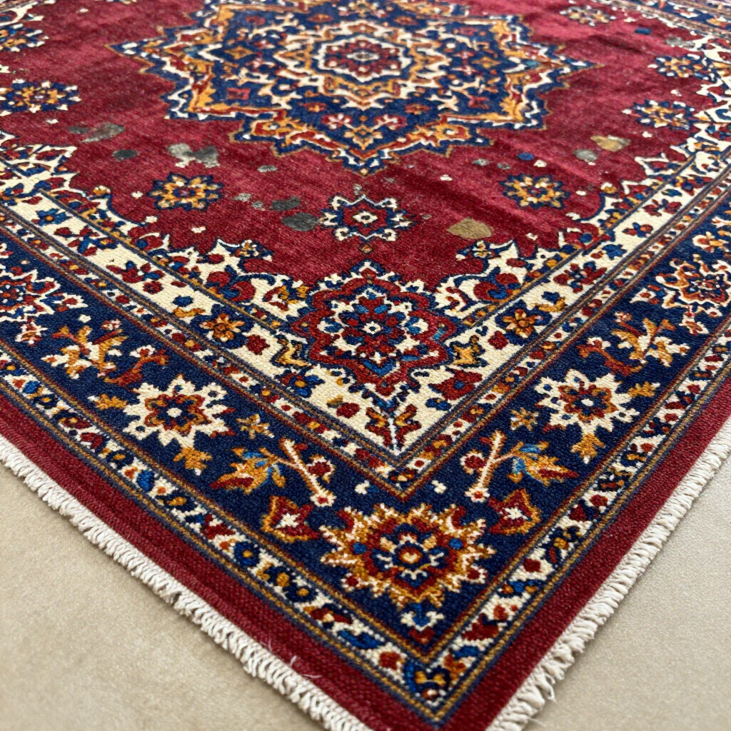 A rectangular area rug with a dark red field, a deep blue border, and a floral medallion pattern, featuring white fringe.