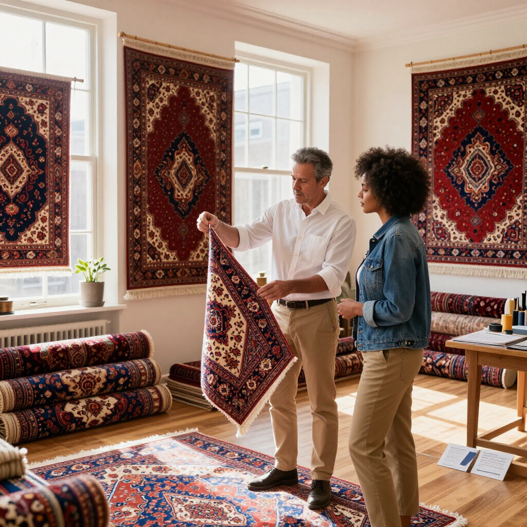 A man and woman standing in a rug store, examining a small, patterned area rug held between them.