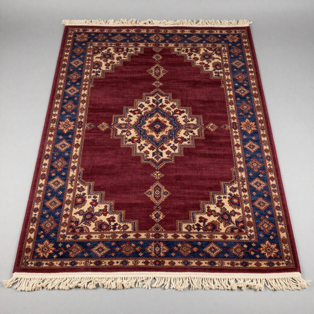 Rectangular rug with a dark red center, blue borders, intricate cream-colored floral patterns, and fringed ends.