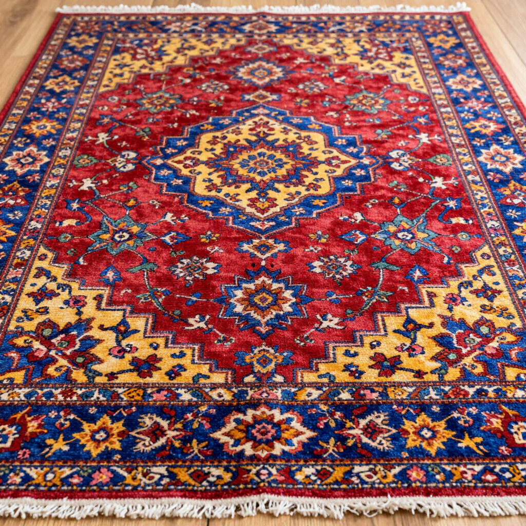 A traditional area rug with a floral medallion pattern in vibrant shades of red, navy blue, and yellow on a wood floor.