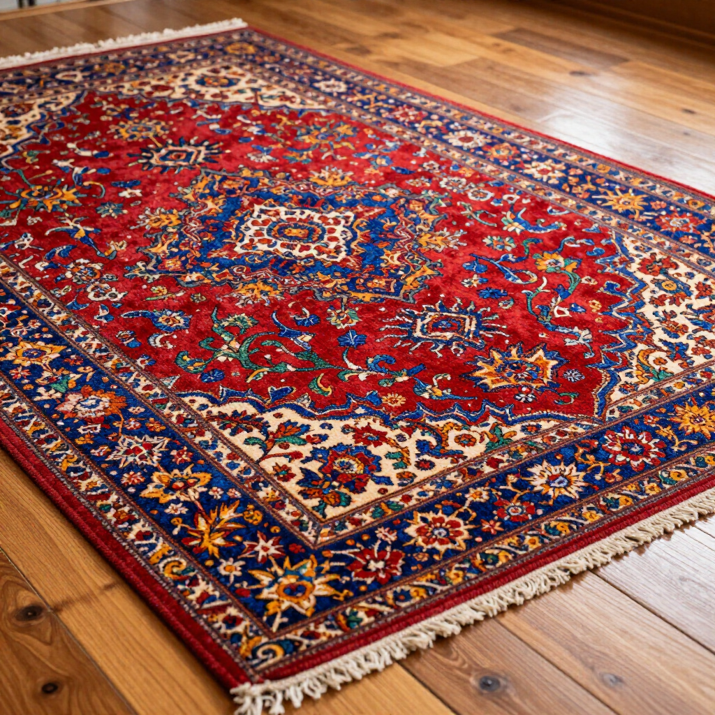 A rectangular rug with intricate red, blue, and cream floral patterns and a fringed edge, laid on a wooden floor.