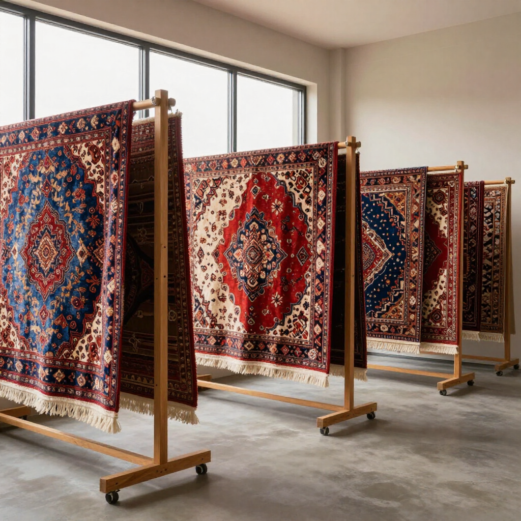 An assortment of overlapping traditional, ornate rugs in shades of red, blue, and gold with intricate geometric patterns.