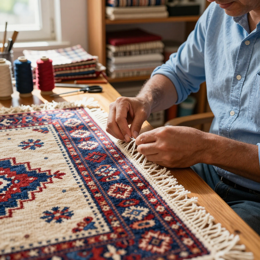 A person in a blue shirt works on the fringe of a detailed blue, red, and cream patterned rug at a wooden craft table.
