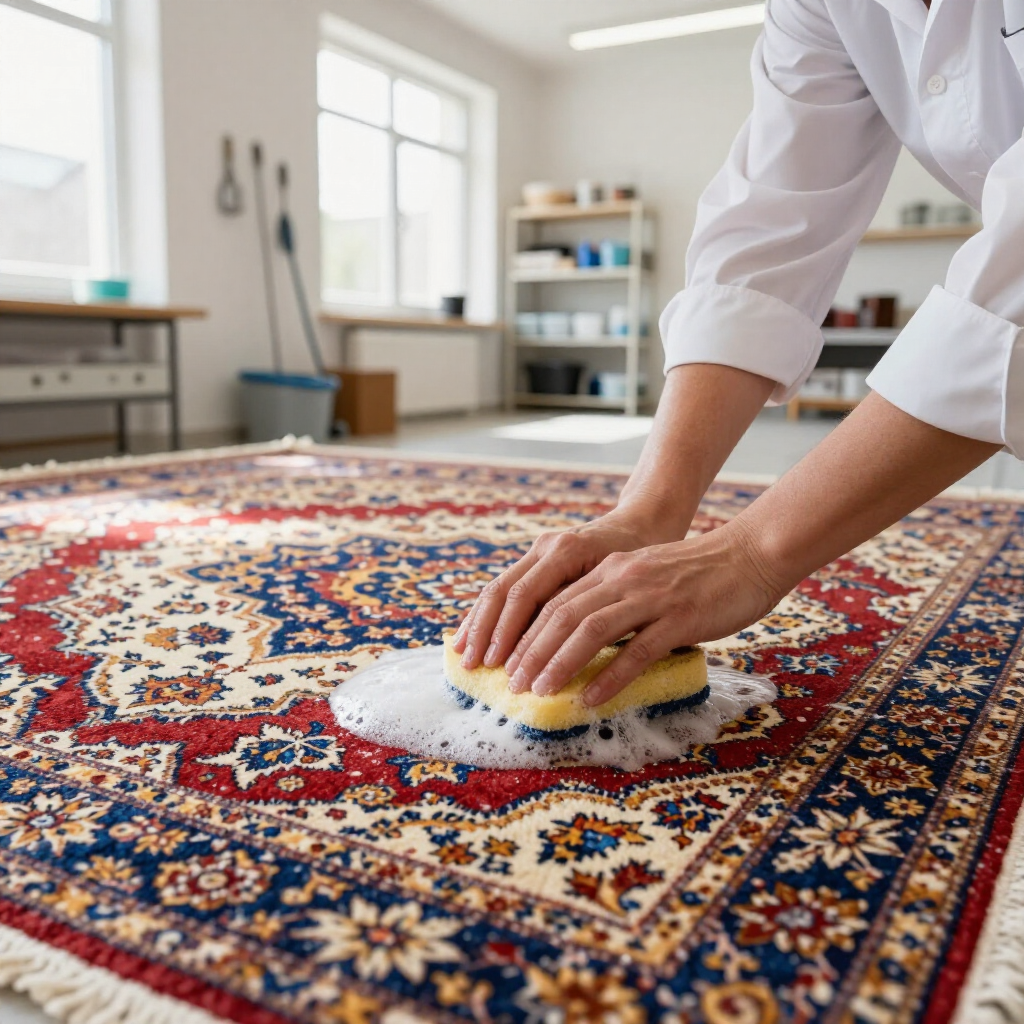 A person wearing a white uniform scrubs a patterned rug with a soapy yellow sponge in a bright workshop setting.