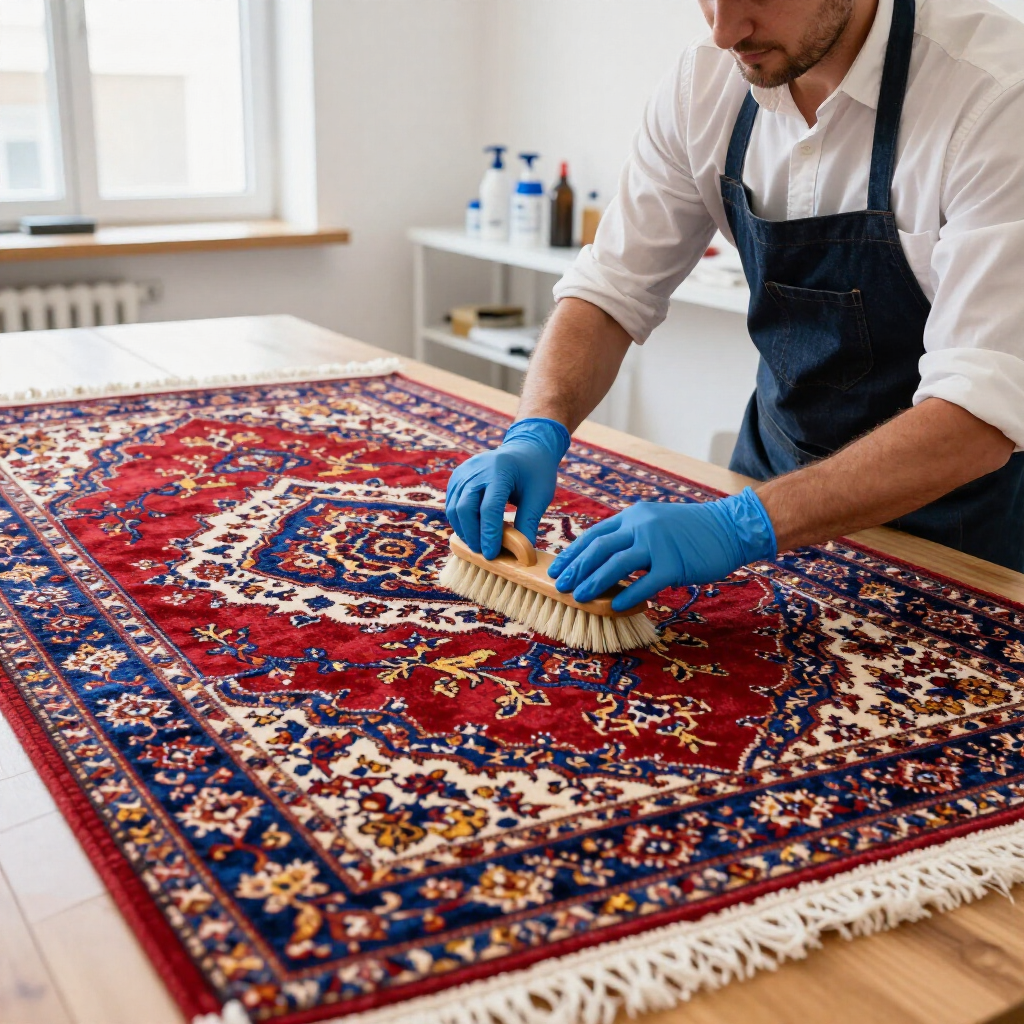 A person wearing a white shirt and blue apron uses a scrub brush to clean a red, blue, and cream patterned rug on a table.