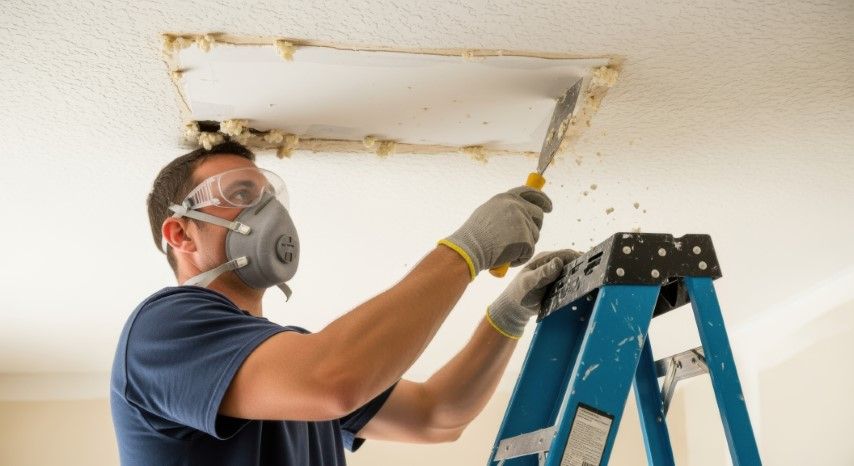 Worker on a ladder cutting a damaged ceiling panel with a power tool, wearing a respirator and gloves