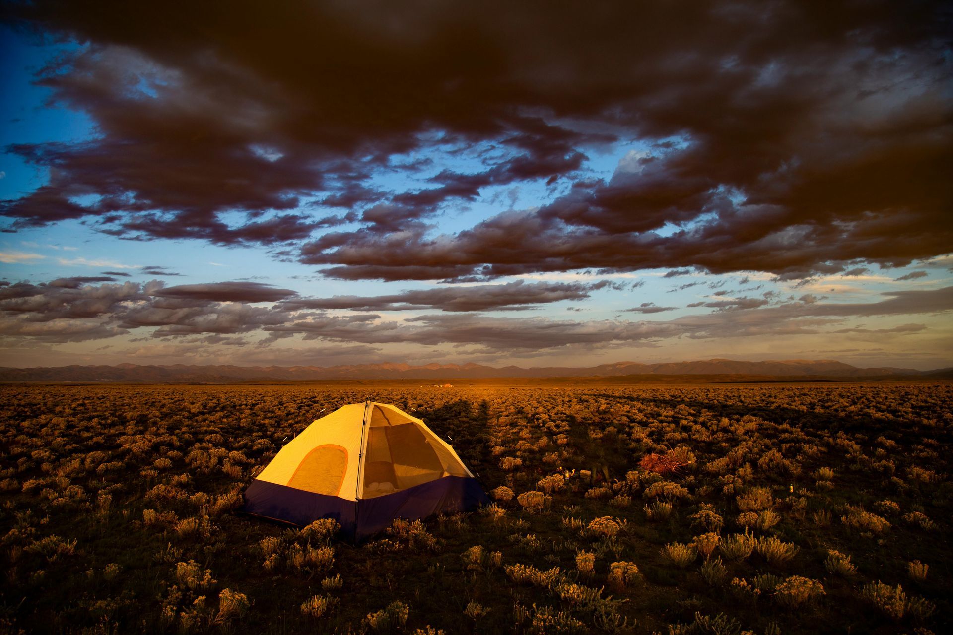 Yellow tent in field of flowers under a dramatic, cloudy sky at sunset.