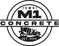 The logo for m1 concrete is black and white and shows a concrete truck.