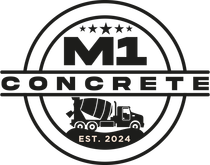 The logo for m1 concrete is black and white and shows a concrete truck.