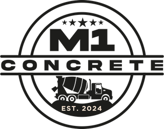 The logo for m1 concrete is black and white and shows a concrete truck.