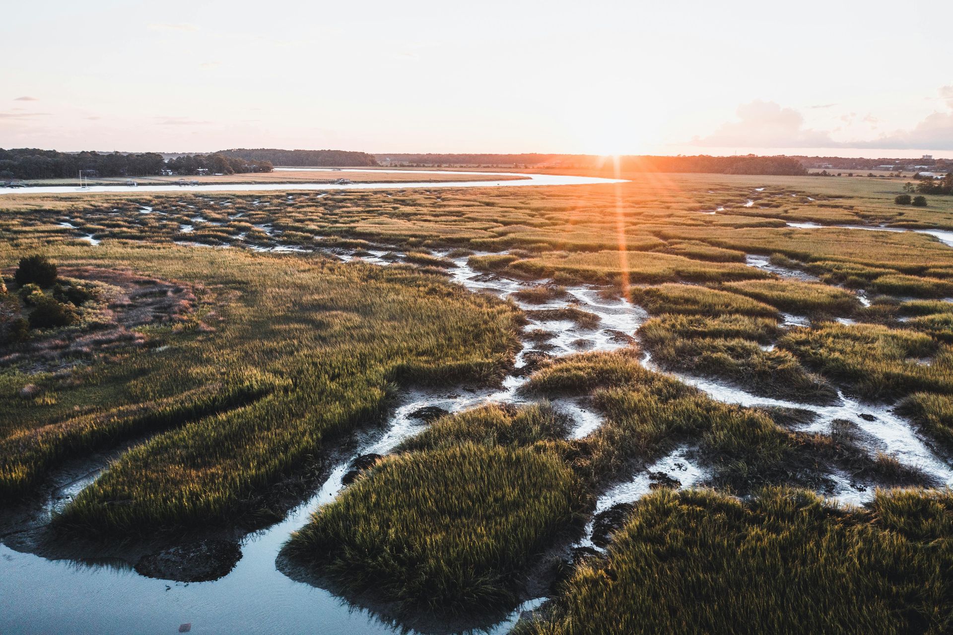 Sunrise over a coastal marsh, with winding waterways and green grasses.
