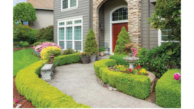 A house with a walkway leading to the front door