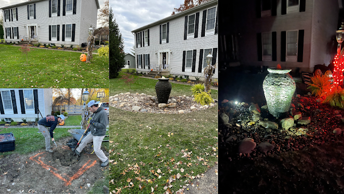 A collage of four pictures of a man digging in a yard in front of a house.