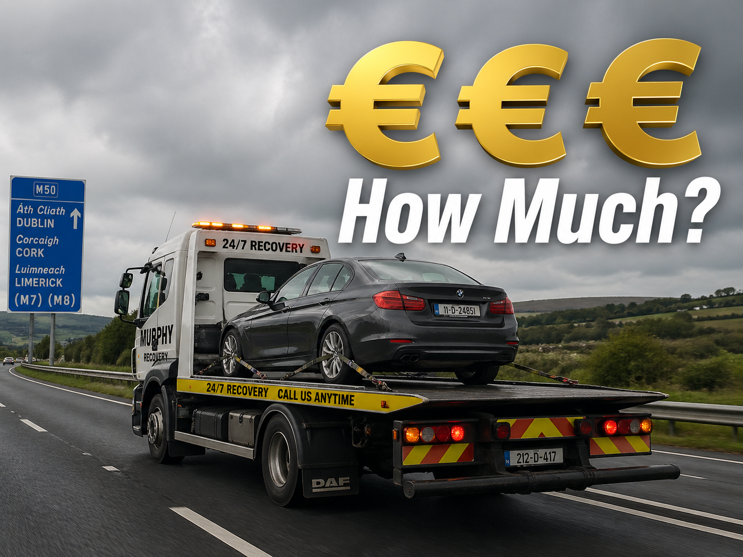 Tow truck assisting broken down car on roadside in Ireland with emergency recovery service active