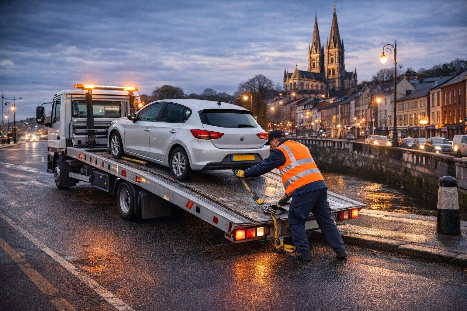 tow truck recovering broken down car in Cork city