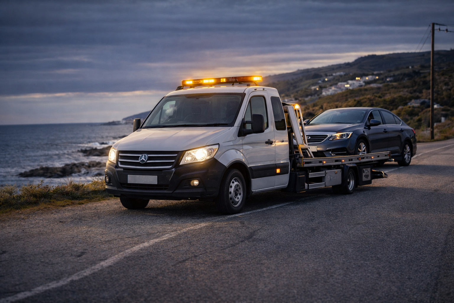 Tow truck carrying broken down car on coastal road near Dungarvan