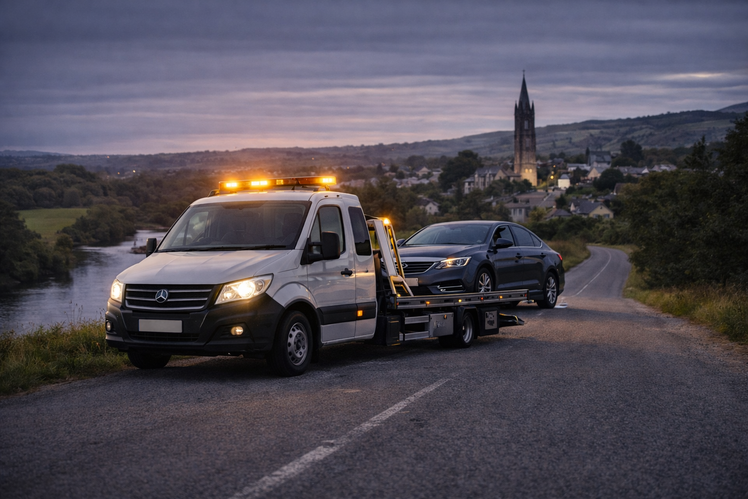 Tow truck carrying broken down car on rural road near Portlaw