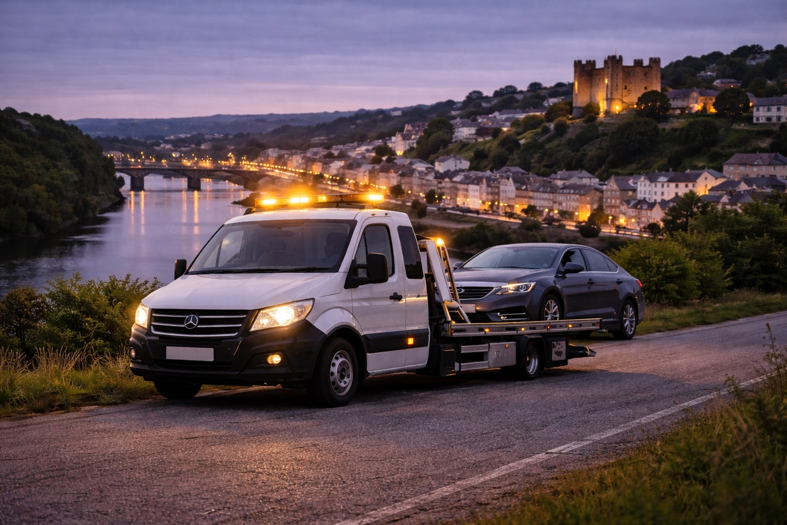 Tow truck carrying broken down car overlooking Enniscorthy town