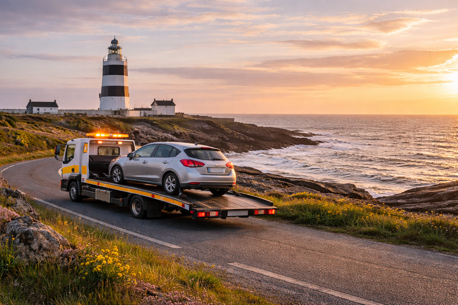 Tow truck assisting a broken down car on a coastal road near Hook Lighthouse in County Wexford