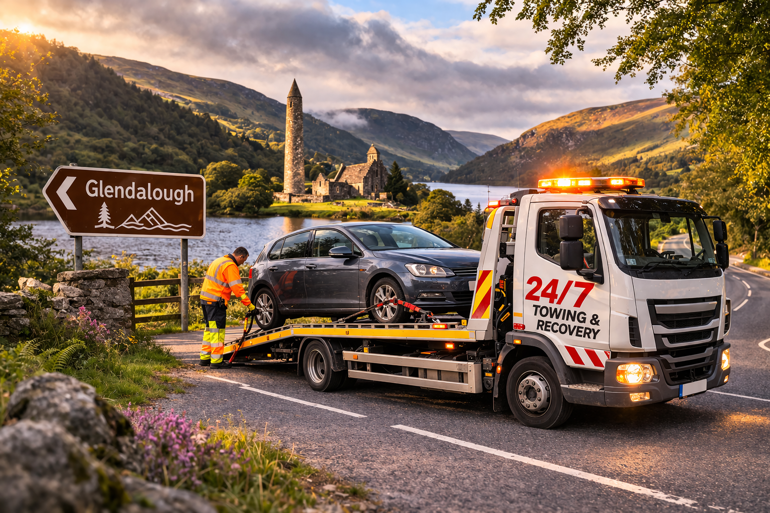 Tow truck loading a broken down car on a mountain road overlooking Glendalough valley in County Wick