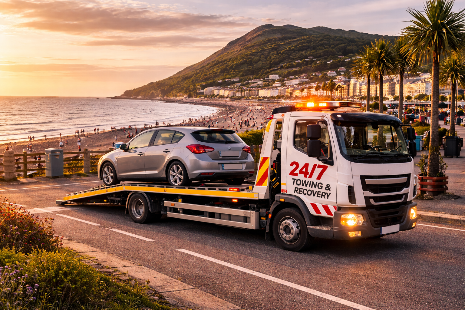 Tow truck loading a broken down car near Bray Seafront with Bray Head in the background