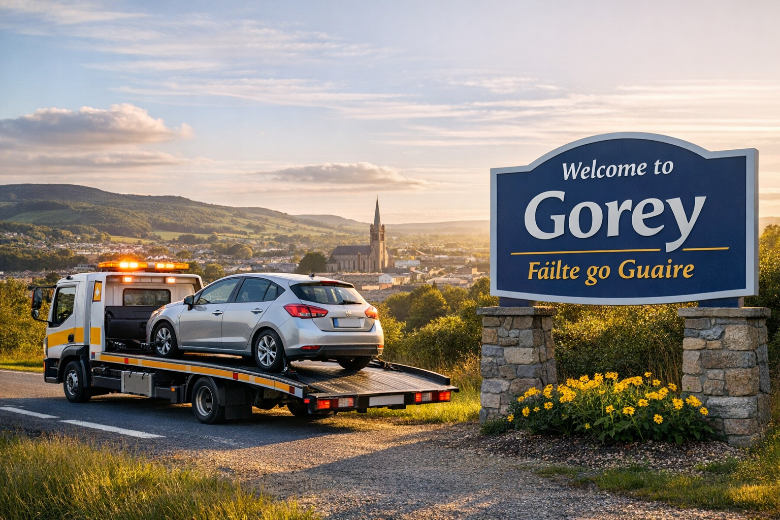Tow truck loading a broken down car near Gorey in County Wexford with the town in the background