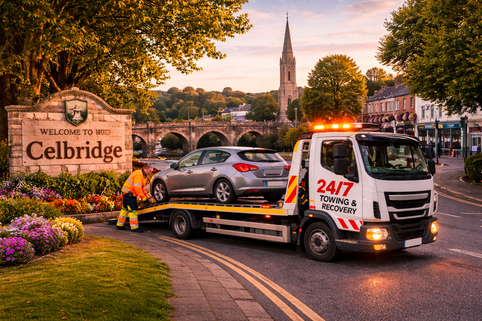 Tow truck loading a broken down car near Celbridge town centre in County Kildare