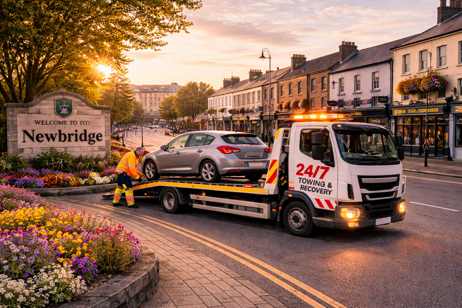 Tow truck loading a broken down car on a roadside in Newbridge County Kildare during early morning l