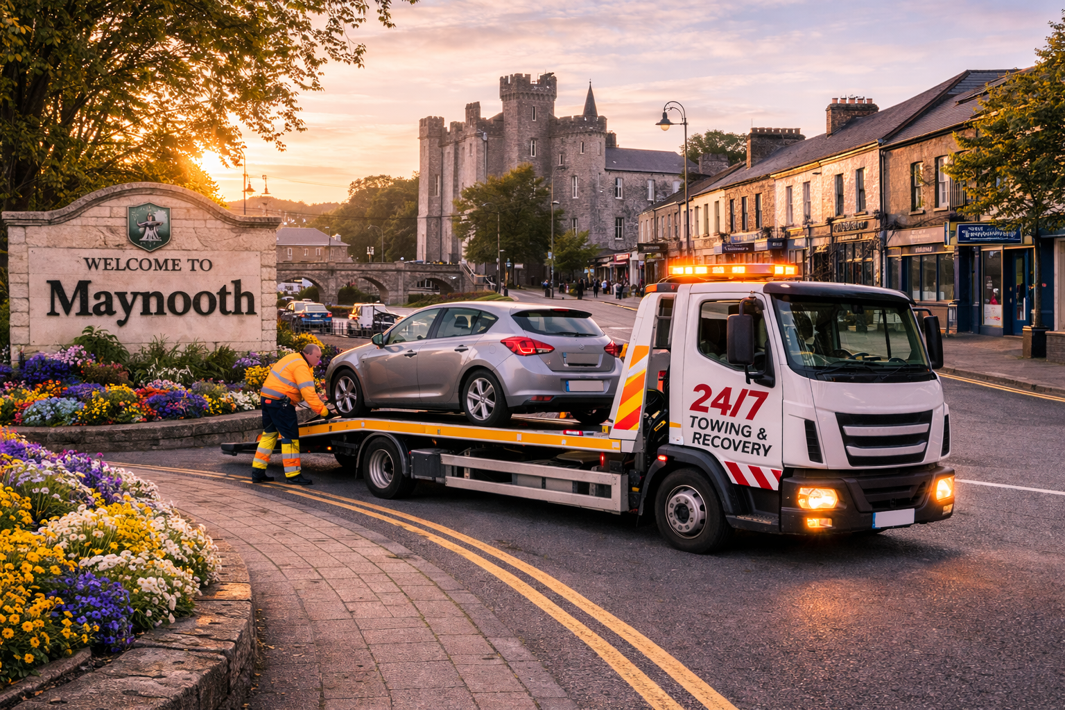 Tow truck loading a broken down car near Maynooth town centre in early morning light