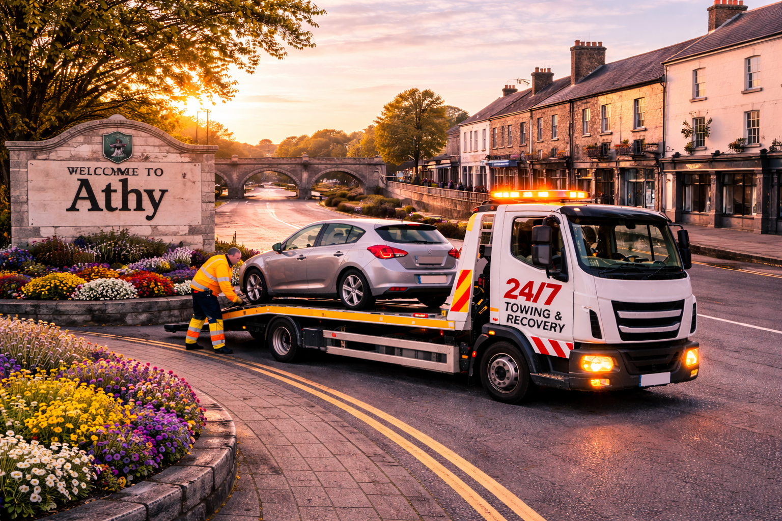 Tow truck loading a broken down car near Athy town entrance beside canal bridge in early morning lig