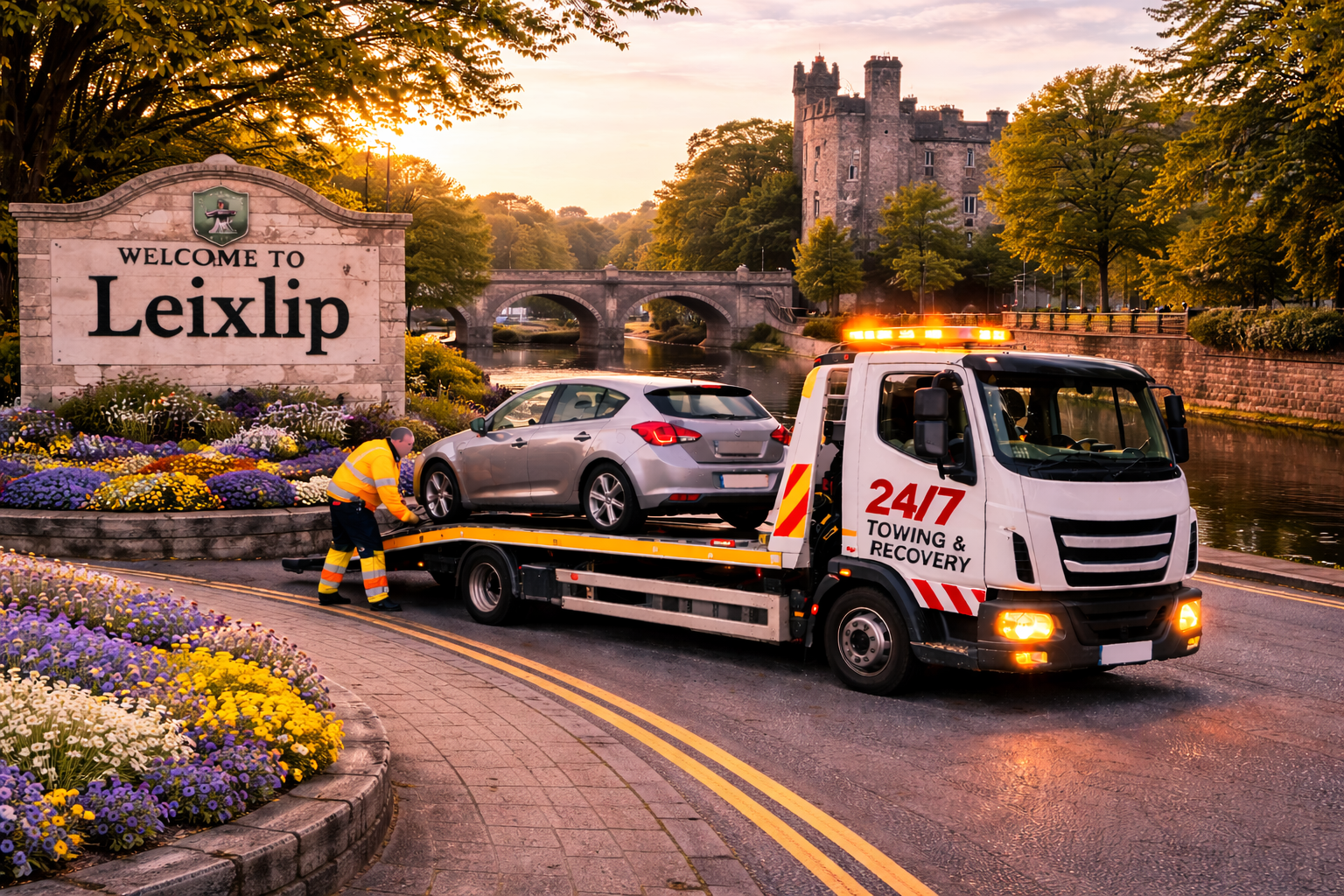 Tow truck loading a broken down car near Leixlip town sign beside River Liffey bridge