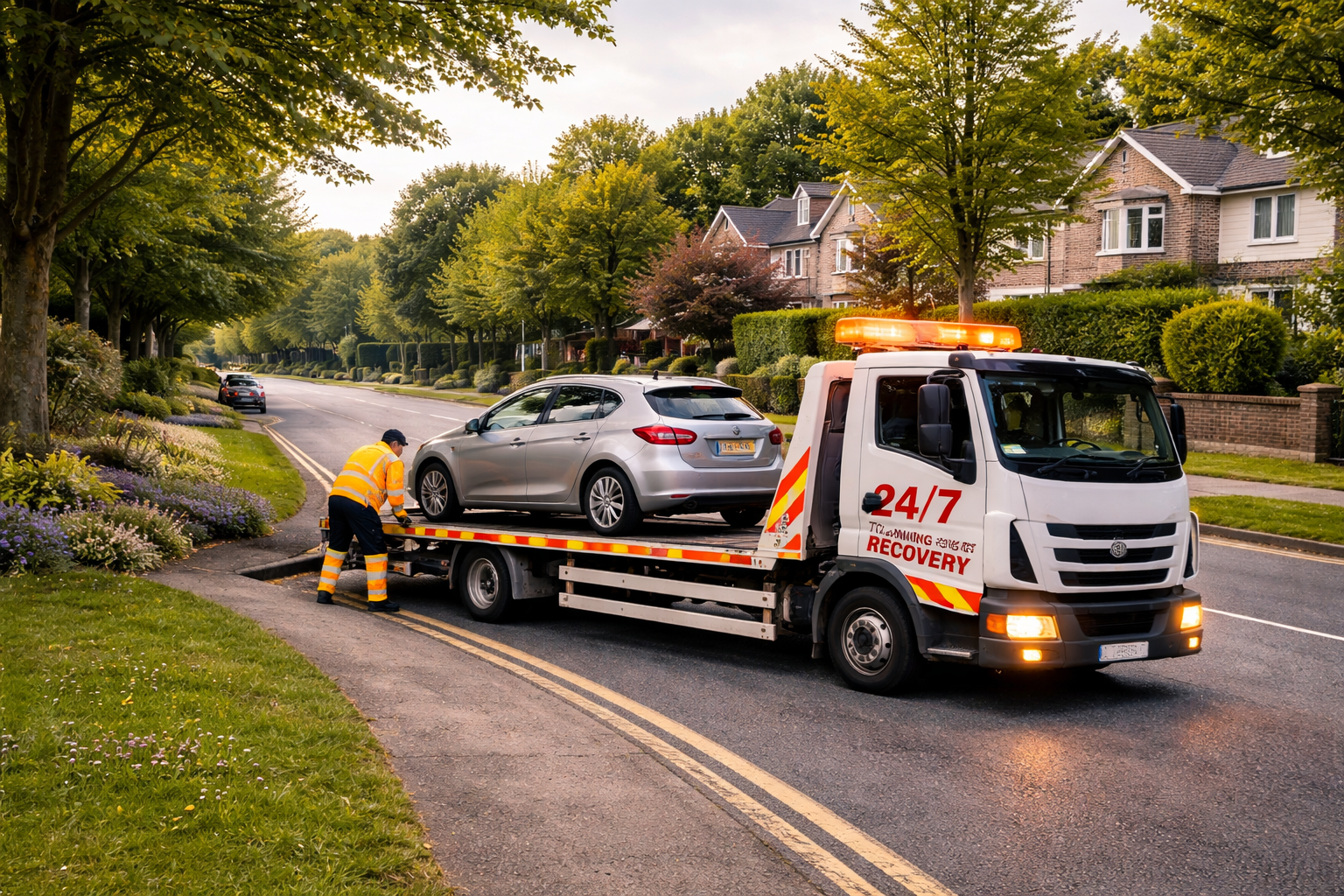 Tow truck loading a broken down silver car on roadside in Ballincollig suburb with houses and trees