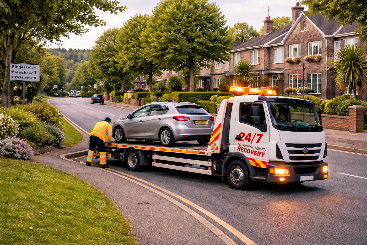 Tow truck loading a broken down silver car on suburban roadside in Carrigaline County Cork