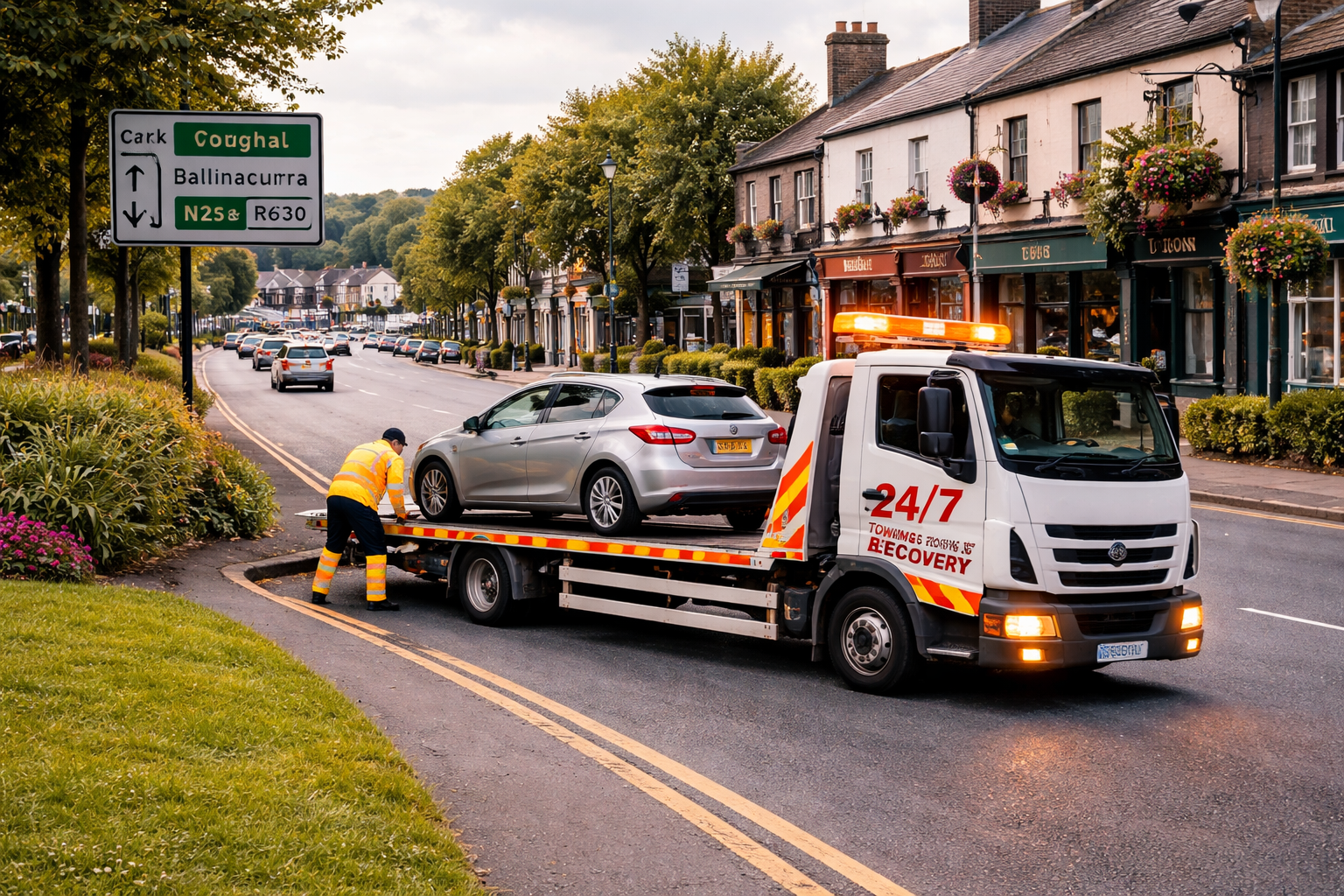 Tow truck loading a broken down silver hatchback on roadside in Midleton town with shops and trees