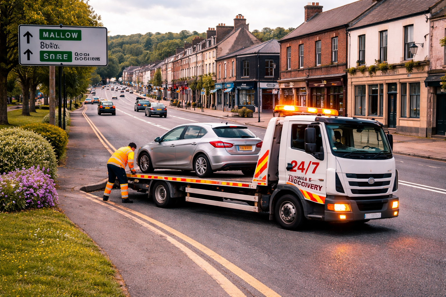 Tow truck loading a broken down silver car on roadside near Mallow town centre with shops and trees