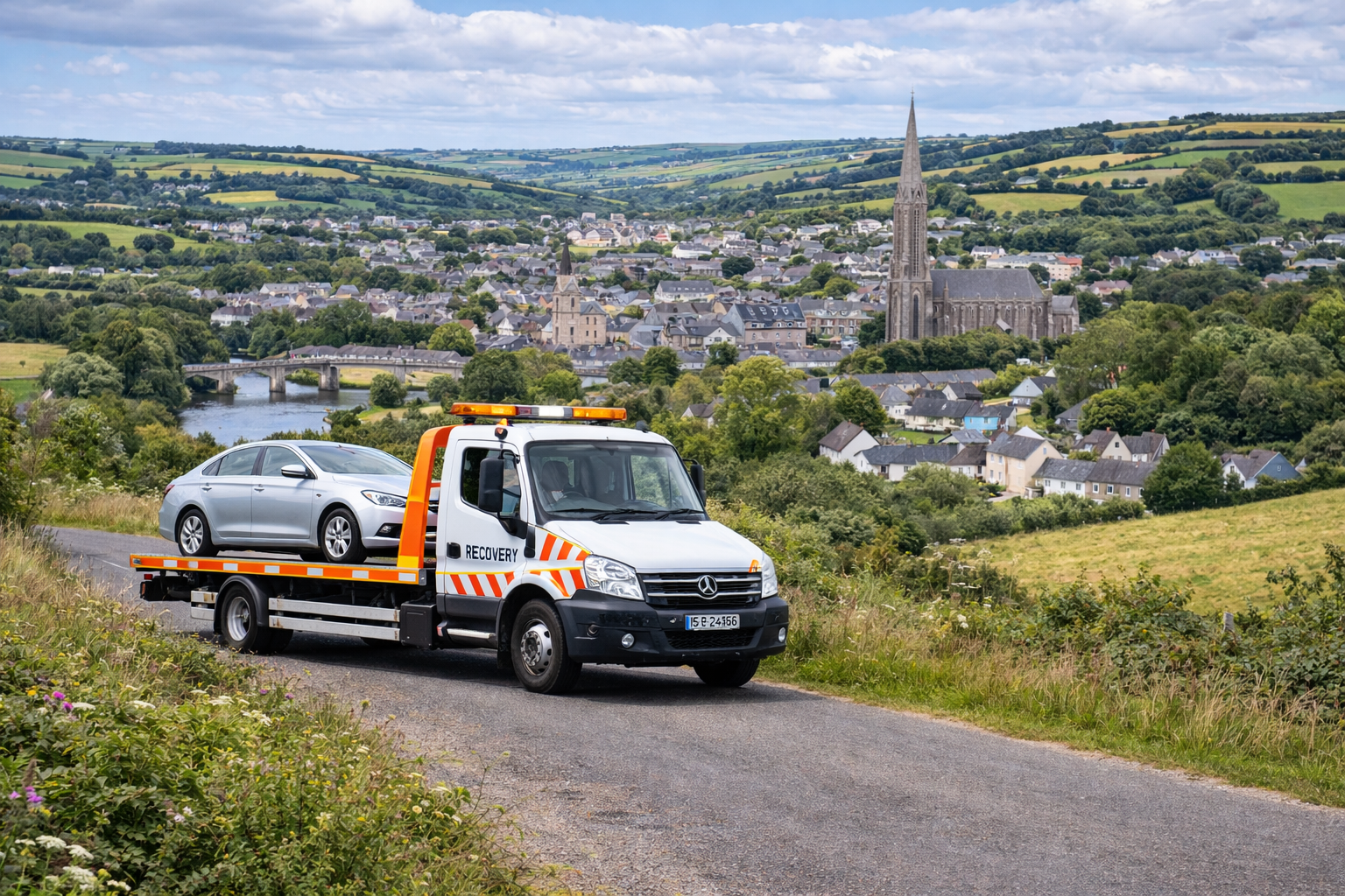 tow truck helping broken down car on rural road near Bandon West Cork