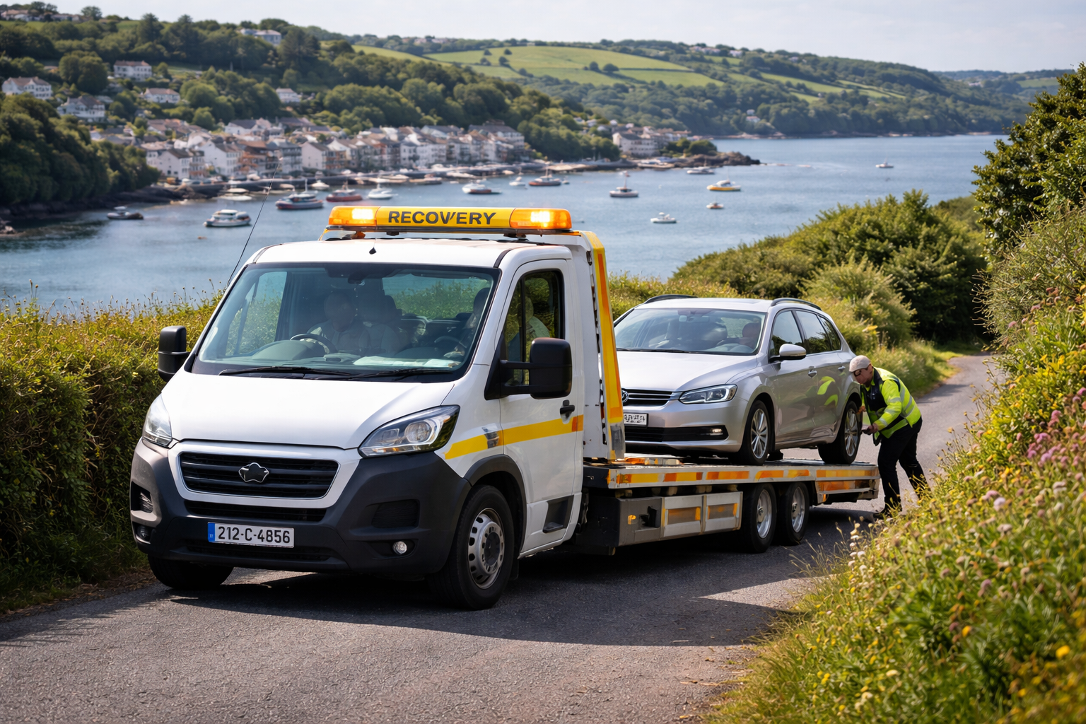 tow truck assisting broken down car on narrow road near Kinsale Cork