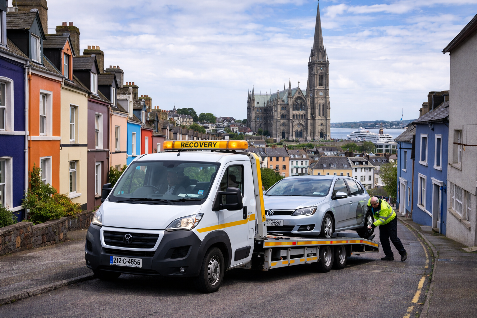 tow truck recovering broken down car on steep road in Cobh Cork