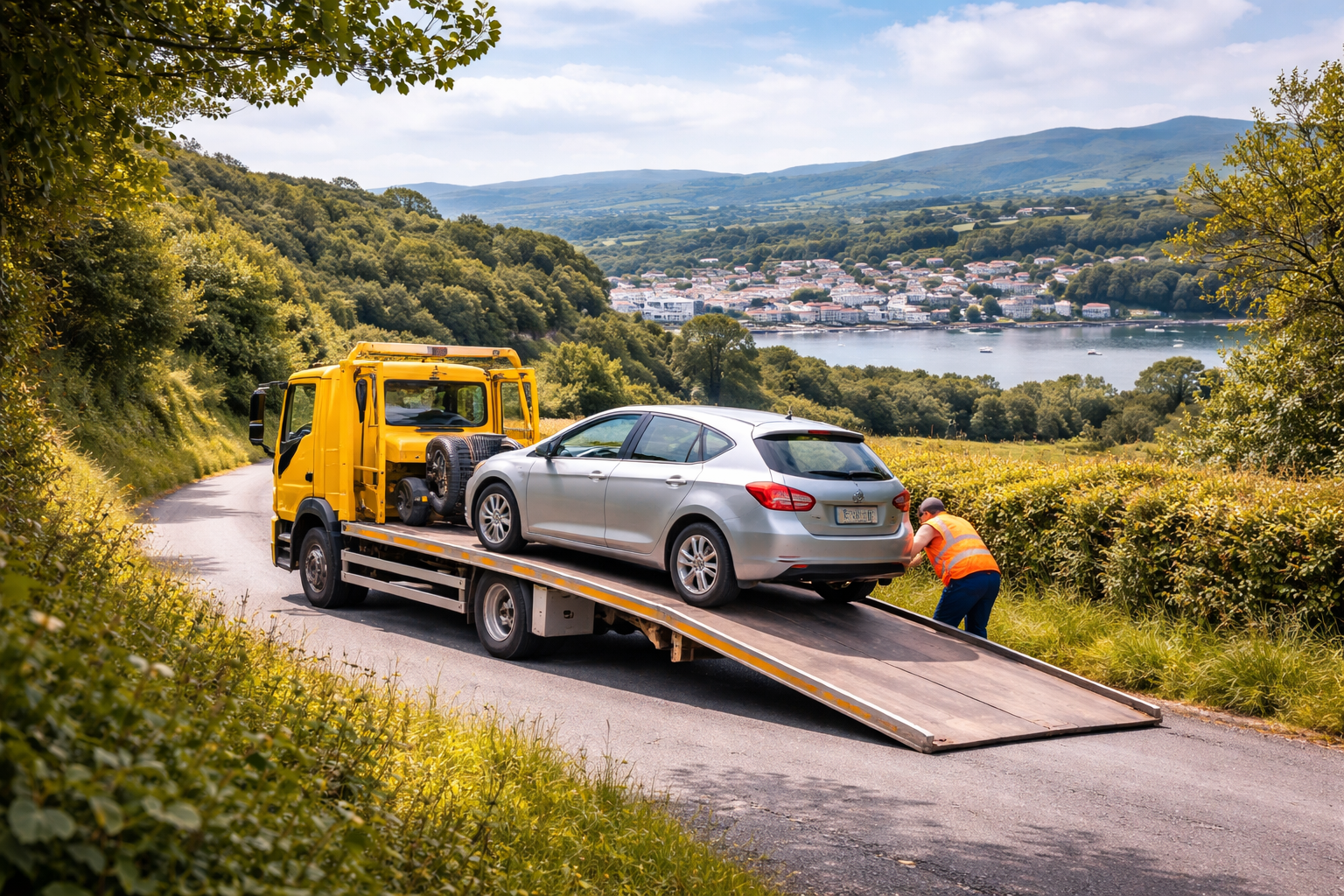 tow truck loading broken down car on narrow rural road near Bantry West Cork