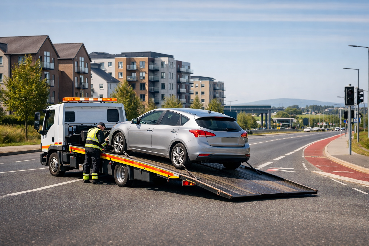 tow truck loading broken down car on suburban road in Adamstown Dublin