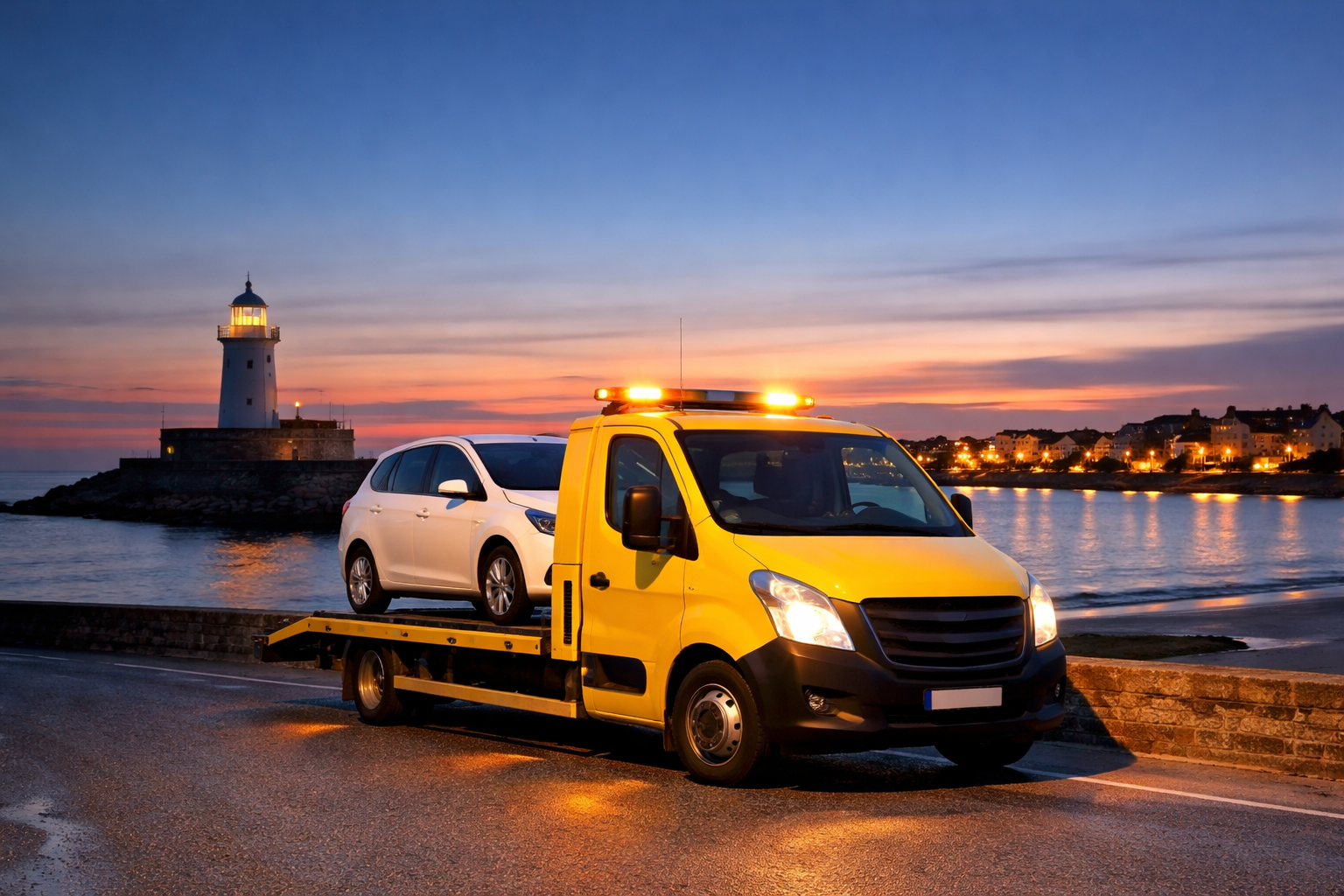 flatbed recovery truck assisting stranded driver in Balbriggan