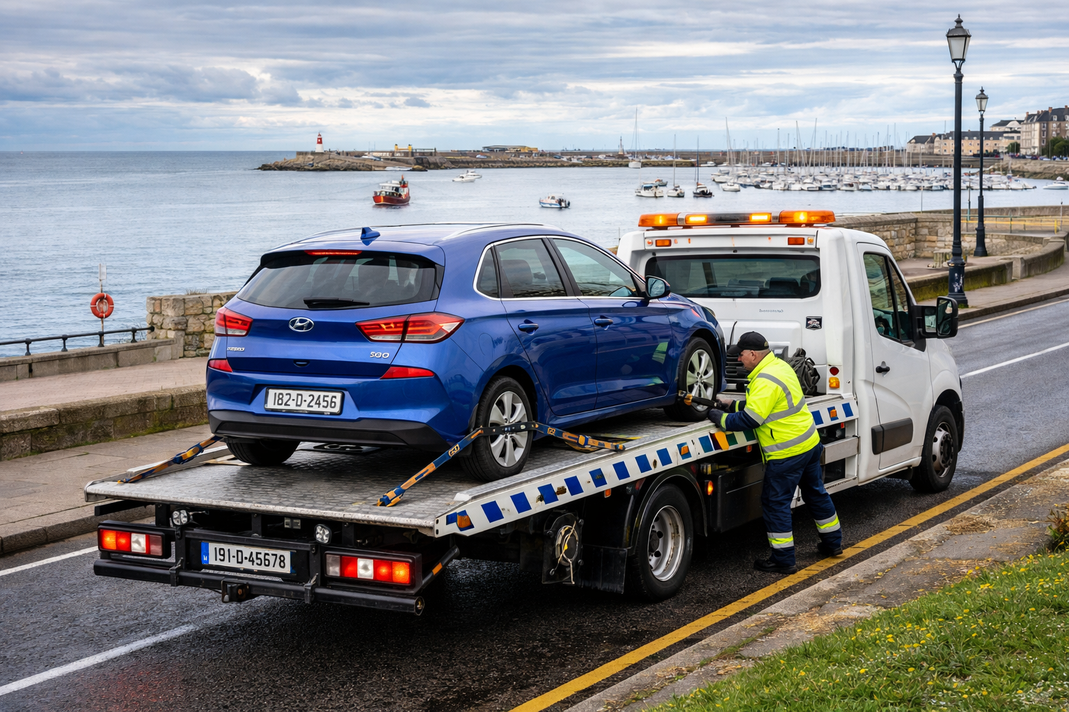 tow truck assisting broken down car near Dún Laoghaire harbour