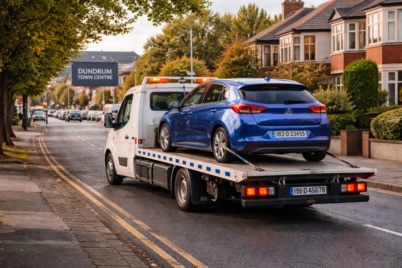white tow truck carrying blue car with Dublin plates in Dundrum
