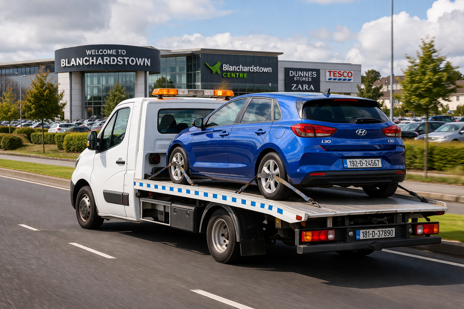 white tow truck carrying blue car with Dublin plates in Blanchardstown