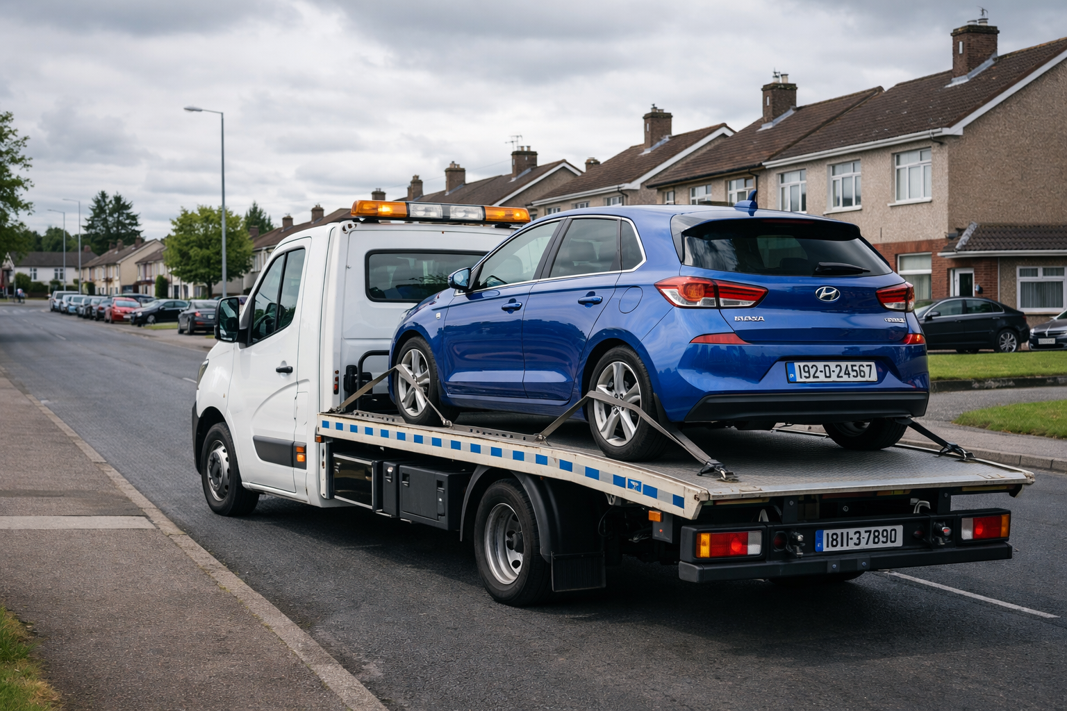 white tow truck carrying blue car with Dublin plates in Finglas